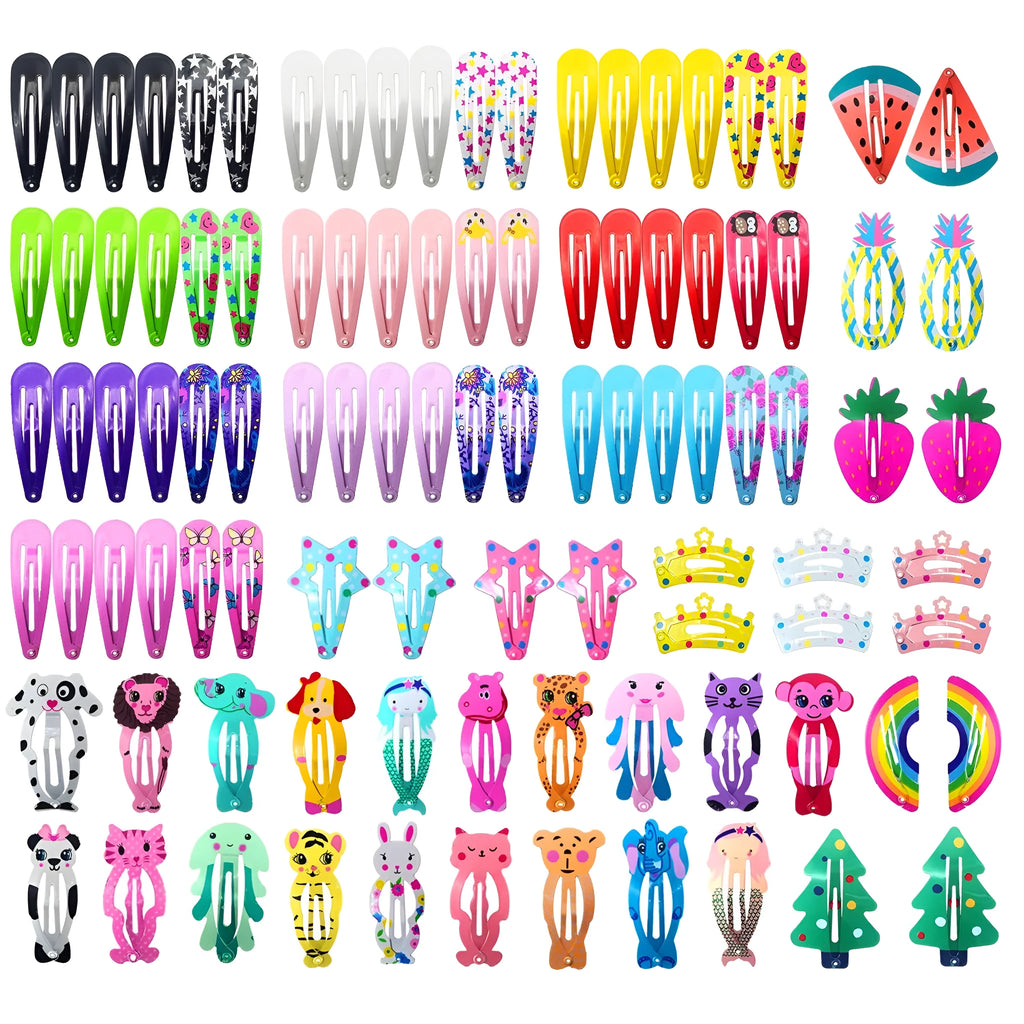 Assortment of 100 metal snap hair clips in animal, fruit, crown, star and flower designs