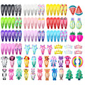 Assortment of 100 metal snap hair clips in animal, fruit, crown, star and flower designs