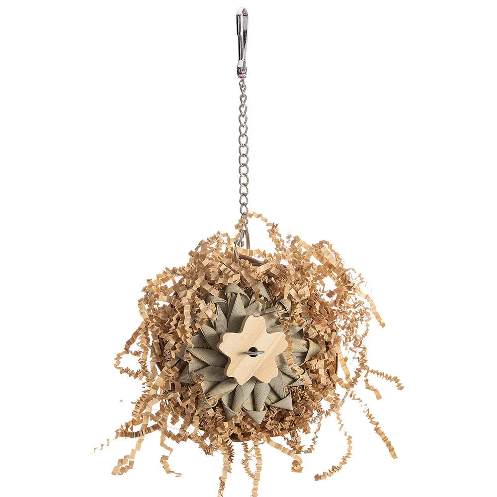 Parrot gnawing toy with three natural wooden blocks on cotton rope for medium to large birds