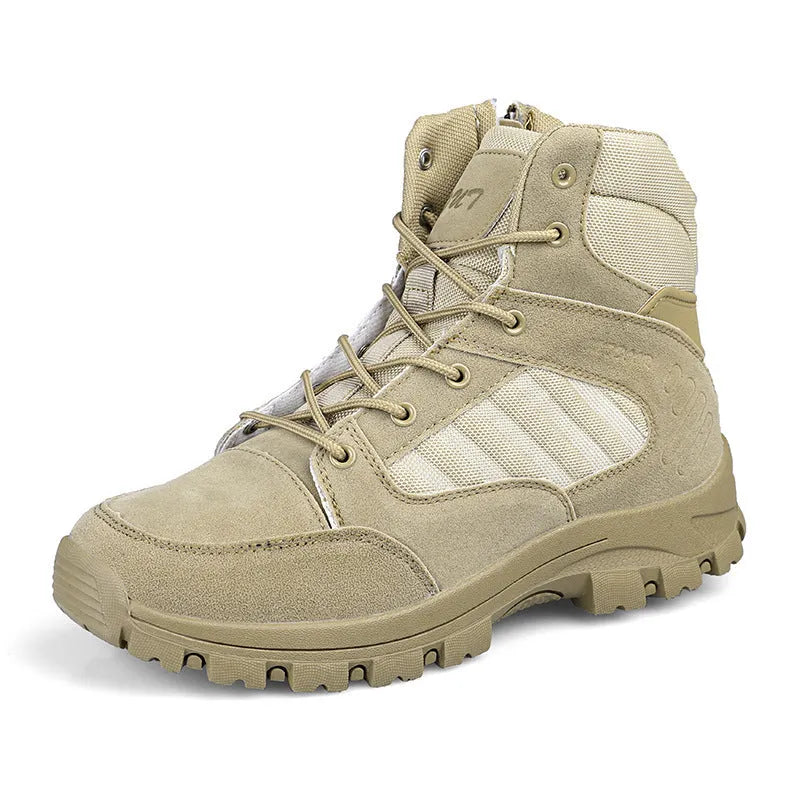 Men's black and camouflage high-top hiking shoes with PU upper and metal details.