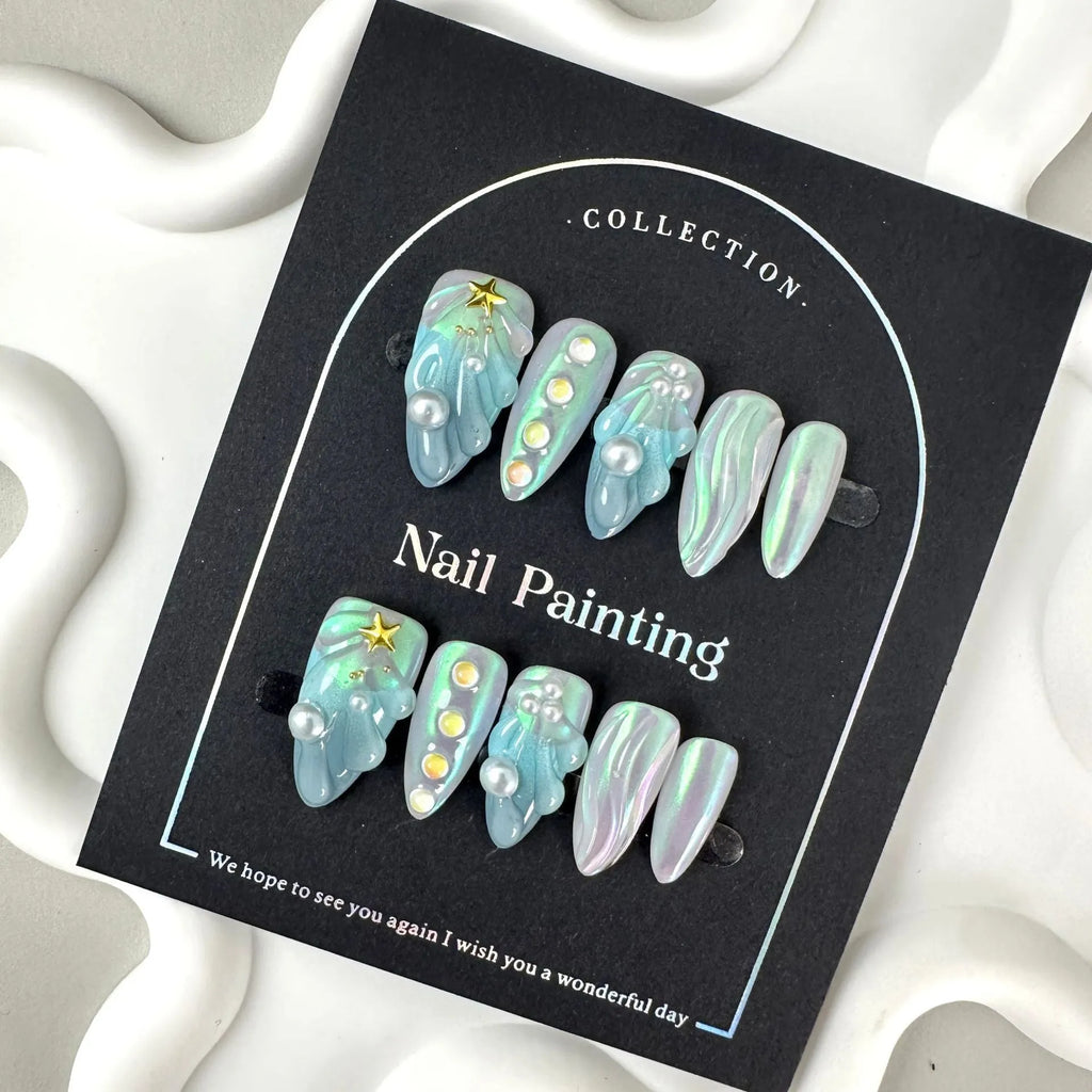 HAILANG blue plastic artificial nail tips set showing sizes XS, S, M, L for French manicure.