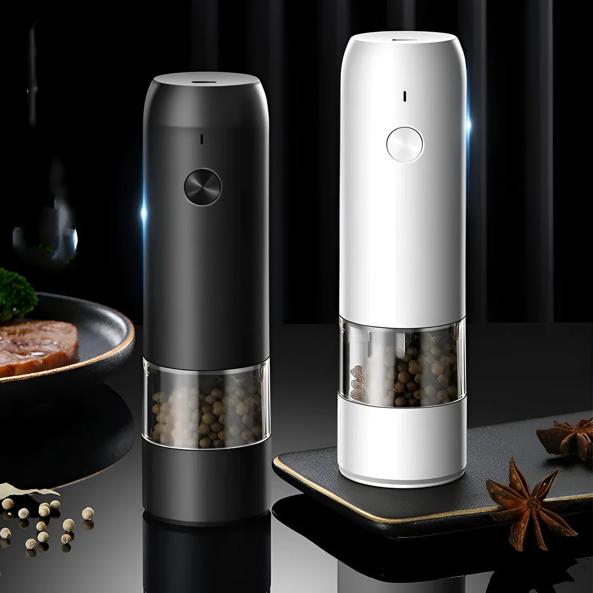 Rechargeable electric pepper and salt grinder set with clear acrylic body, LED light, and USB charging cable