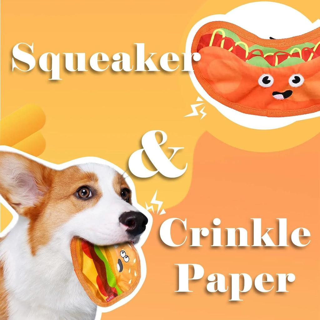 Colourful hamburger, fries, hot dog, and pizza shaped crinkle and squeaky dog toys