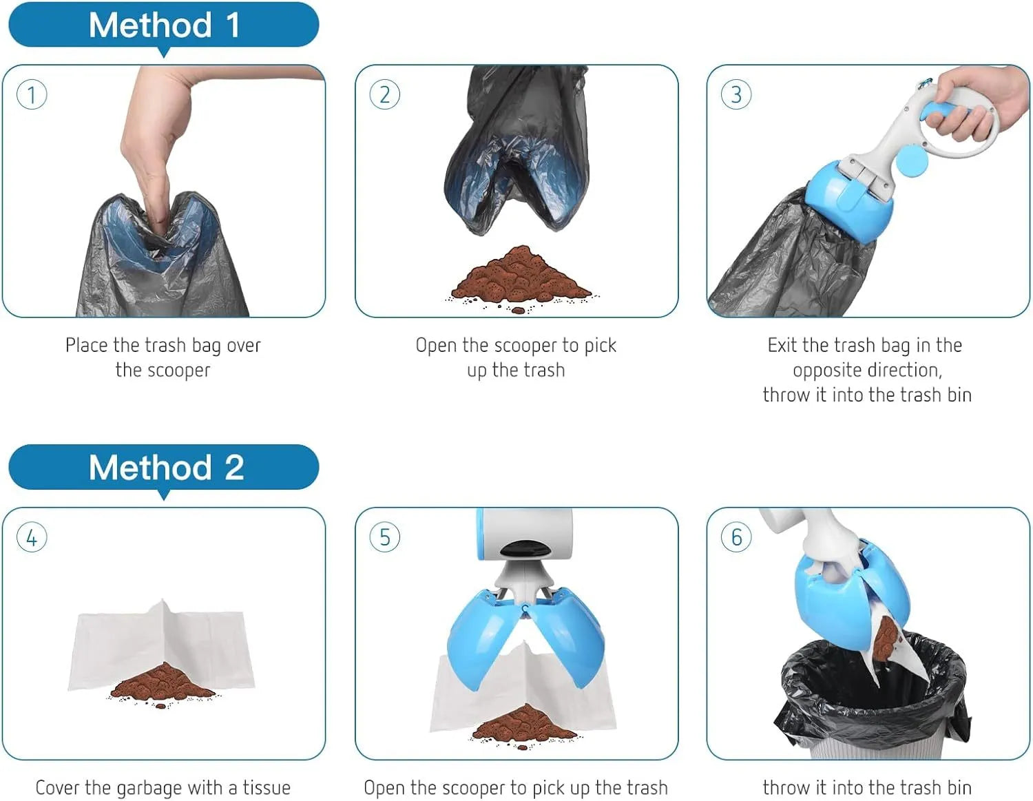 Blue pet pooper scooper with built-in trash bag holder and a hanging hook on a green lawn