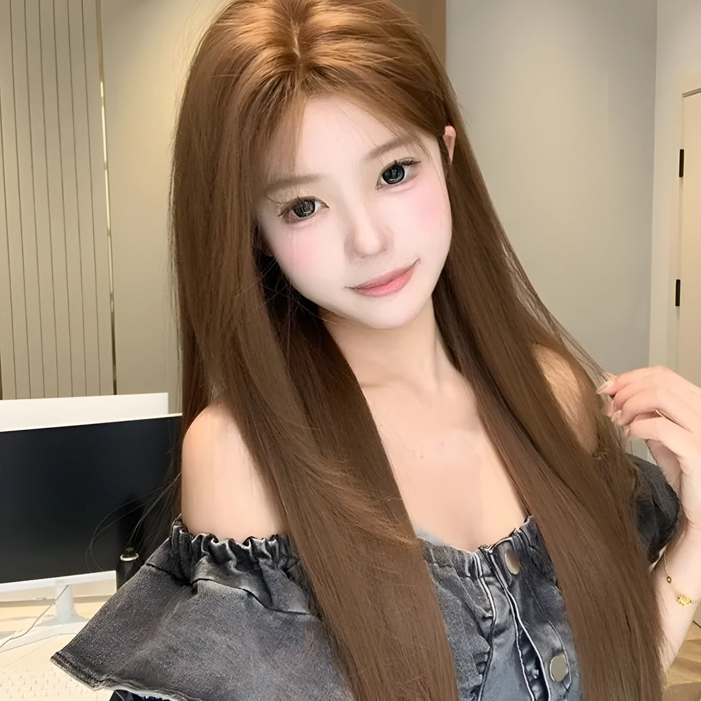 Warm brown lace front wig with centre-parted bangs and long straight synthetic hair
