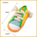 Plastic dog slippers toy in rock yellow, black, and sea fog blue colours with sound feature.