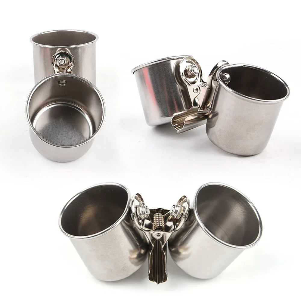 Stainless steel bird feeder outdoor food container in natural metallic colour.