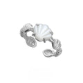Silver ring with shell tiger eye stone, adjustable opening, electroplated white gold finish side view