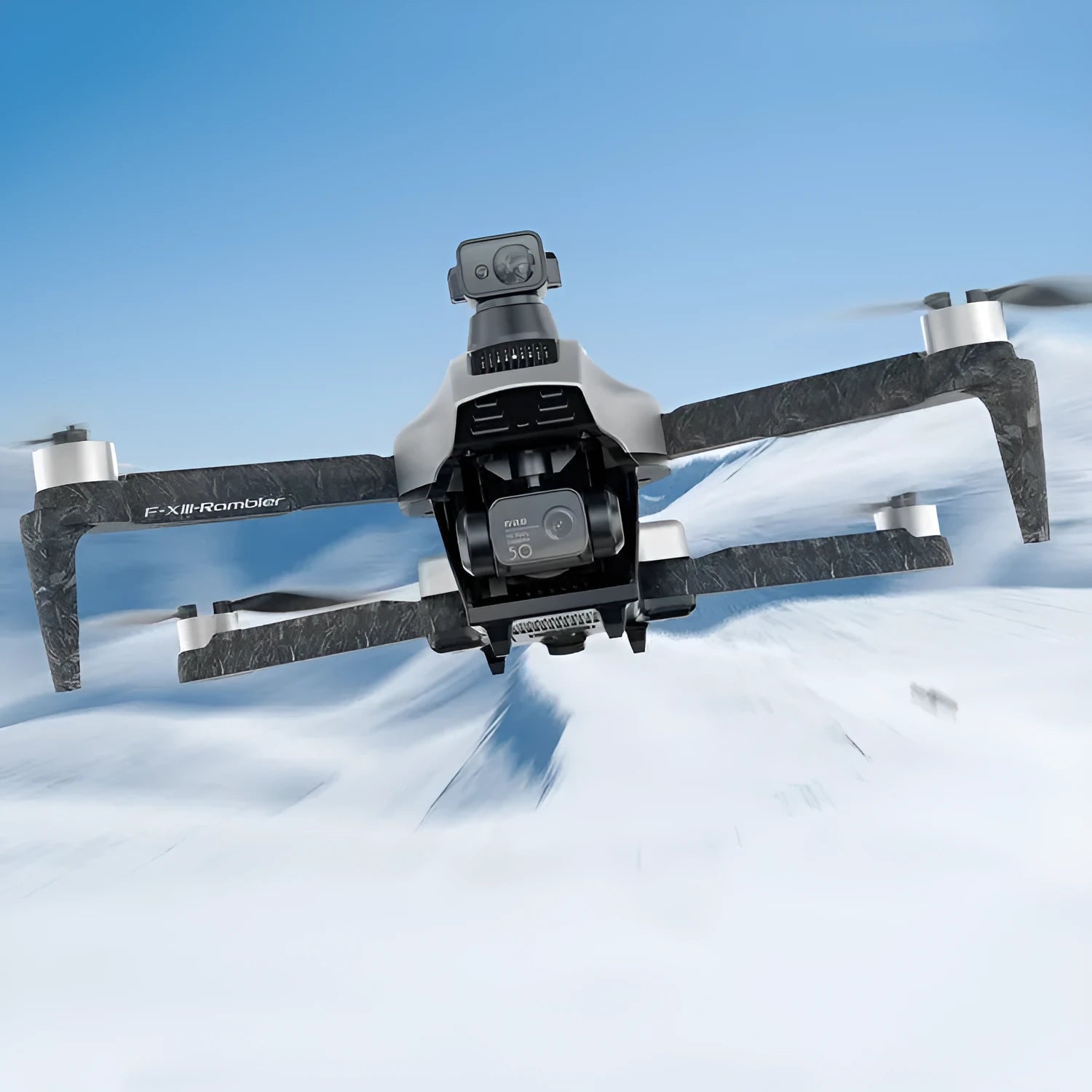 White brushless folding quadcopter drone with camera and obstacle avoidance sensors, shown with remote control, batteries, and shoulder bag.