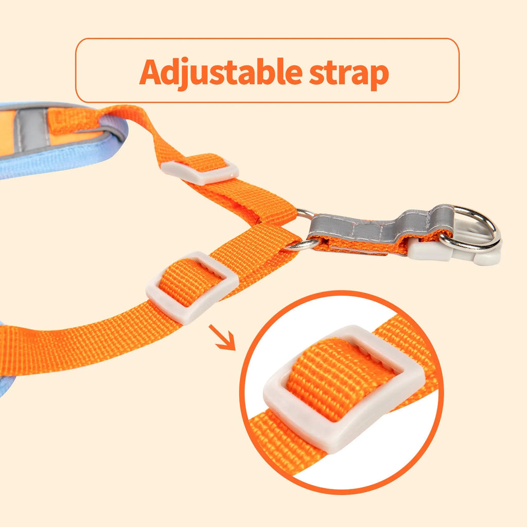 Adjustable dog haulage rope harness in multiple colours on a chest strap, showing S M L XL sizes.