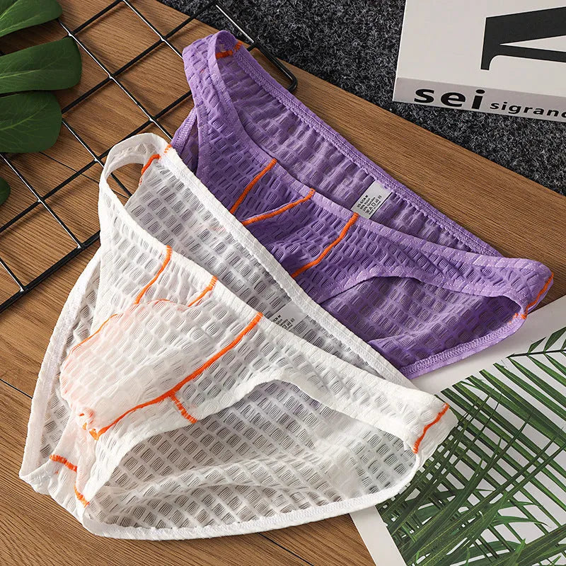 Men's low waist lace briefs in white, black, green, rose red, and light purple colours