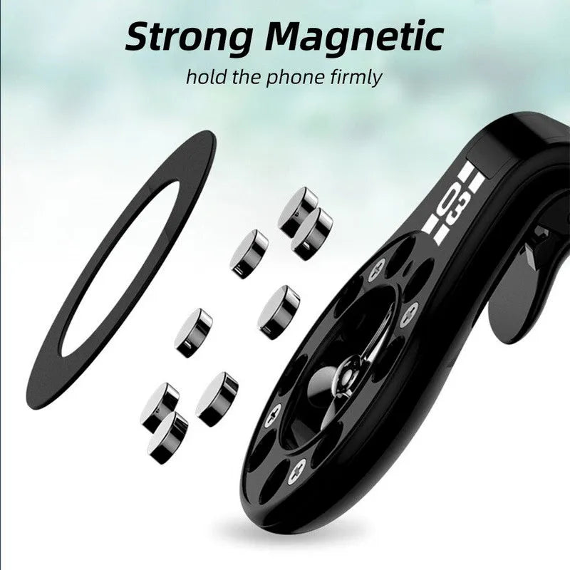 Magnetic car phone holder attached to vehicle air vent with phone mounted