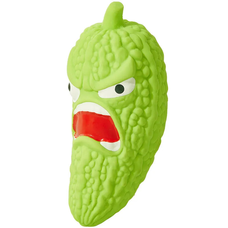 Natural rubber bitter melon and chilli shaped dog chew toys with textured grinding teeth surfaces for dental cleaning