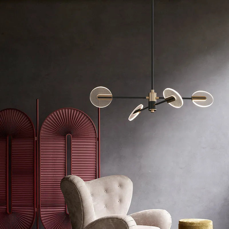 Nordic iron and acrylic LED chandelier pendant lamp with multiple light heads.