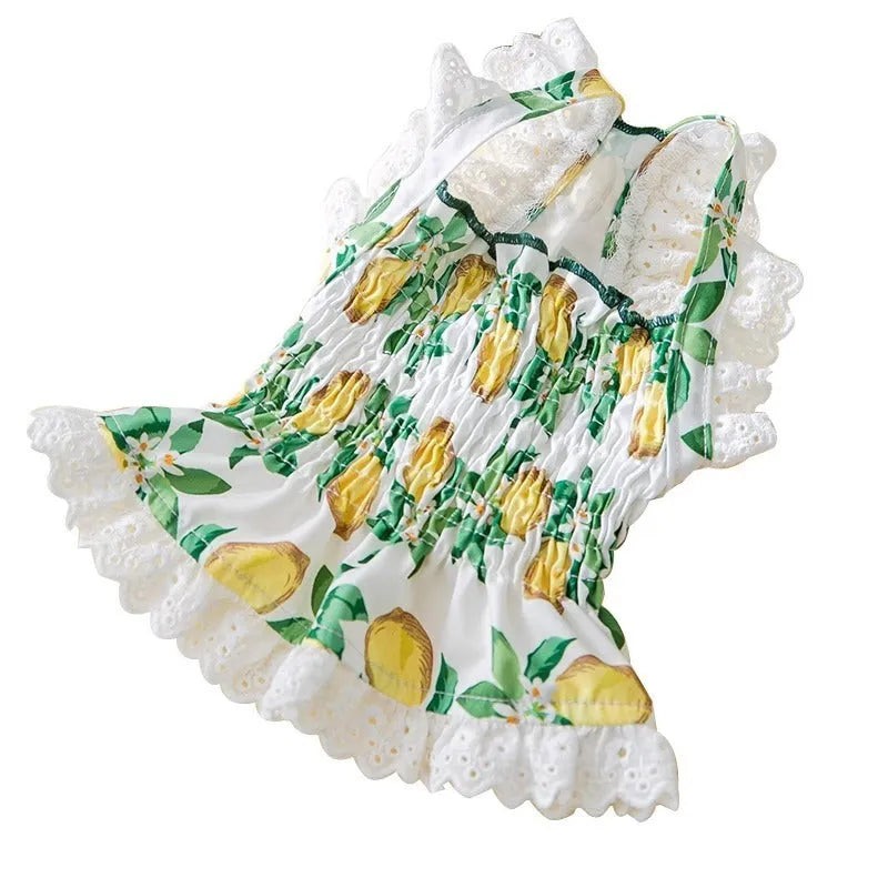 Rock yellow lemon polyester dog dress with thin strap skirt design shown on mannequin