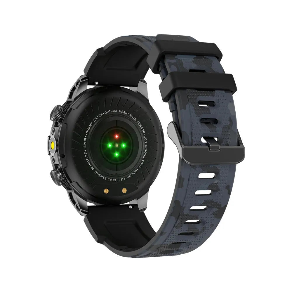 Black sports smartwatch with AMOLED screen on a silicone strap, showing fitness stats.