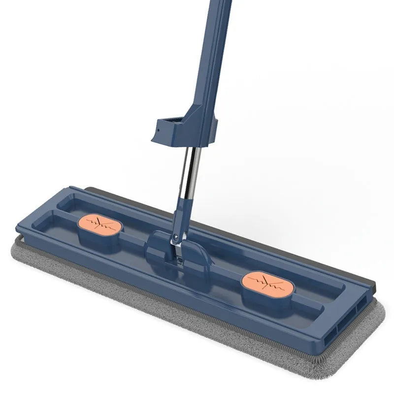 Large flat mop with blue rotating head and stainless steel long handle next to two microfibre cloths
