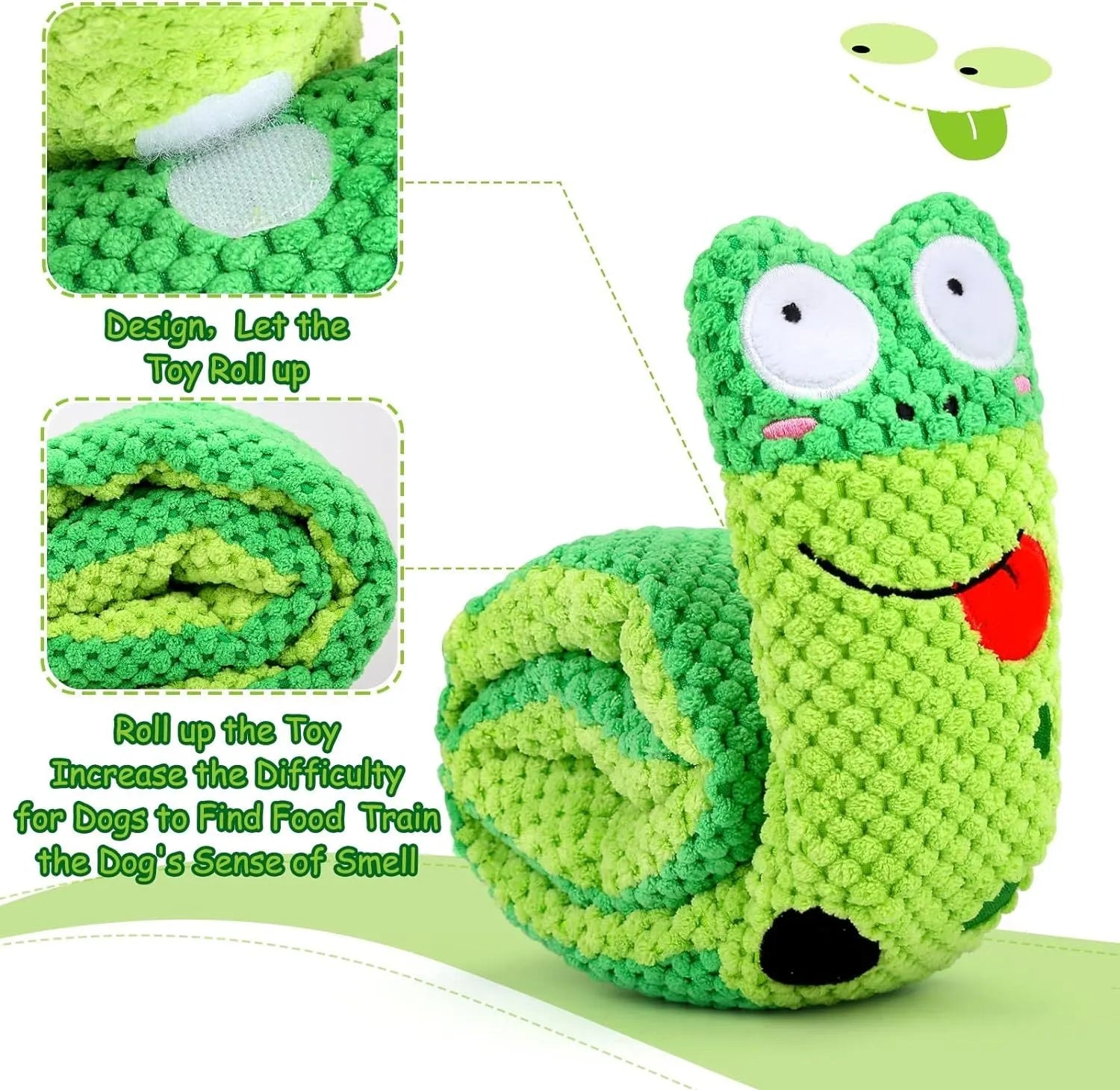 Velvet dog puzzle toy with squeaker in transformable snail and stick shapes for foraging training