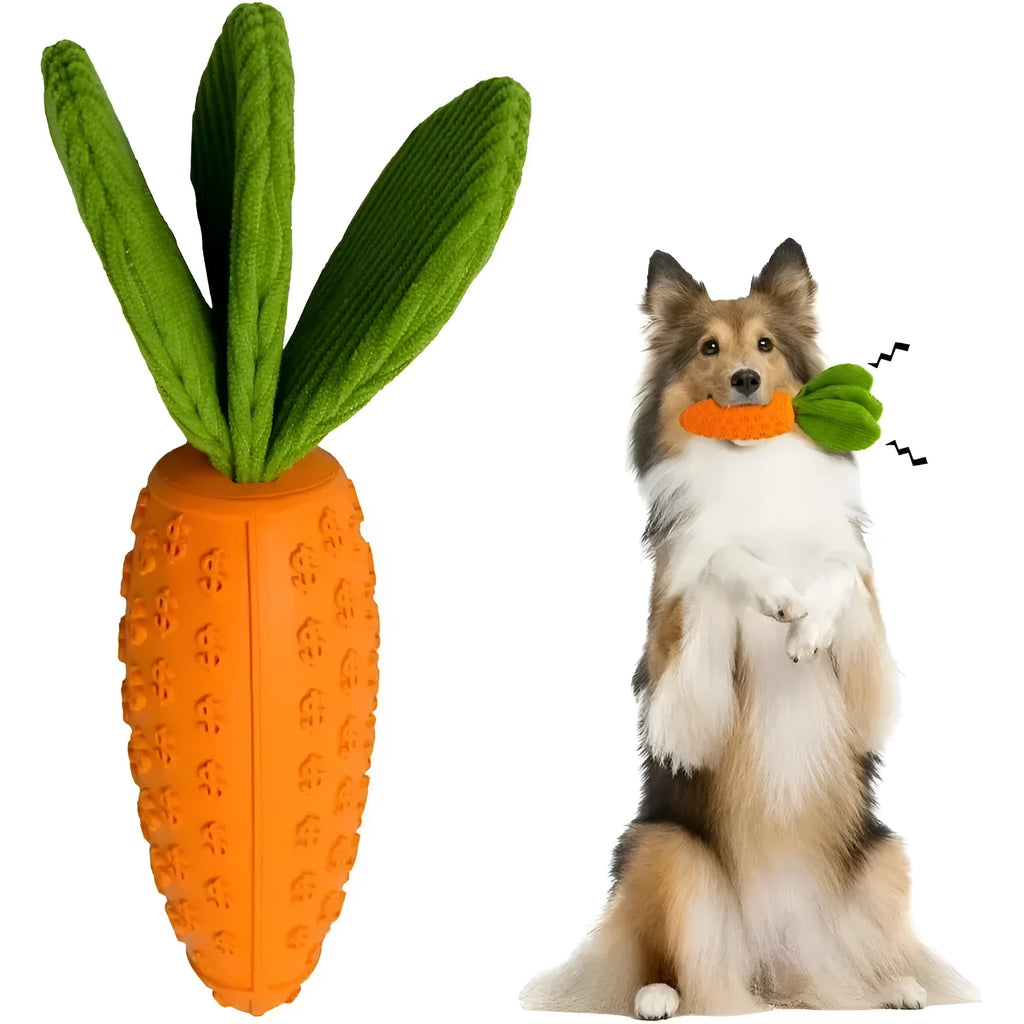 Orange carrot-shaped dog chew toy with rubber and plush texture, 21cm long, suitable for all breeds