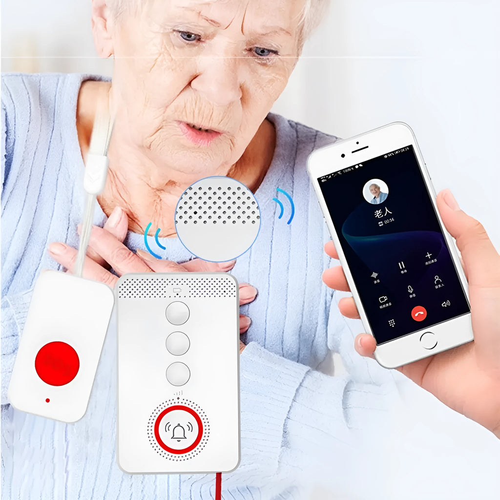 White emergency alert device with one buzzer unit and three remote call buttons for elderly safety