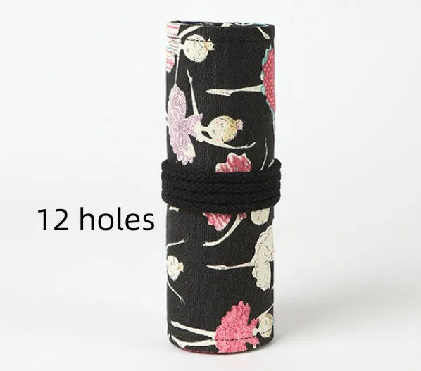 Canvas rolling pencil case with ballet girl print, multiple hole options for colour pencils