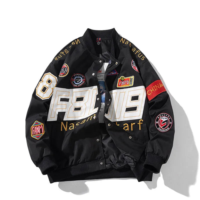Black American motorcycle baseball jacket with removable hood and side pocket on a mannequin.