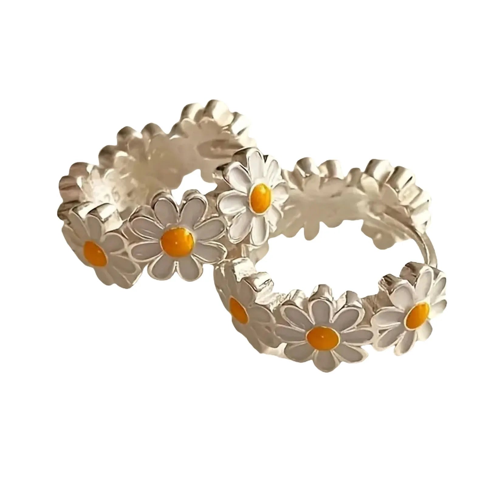 White daisy flower ring earrings with platinum gem inlay on a copper base.