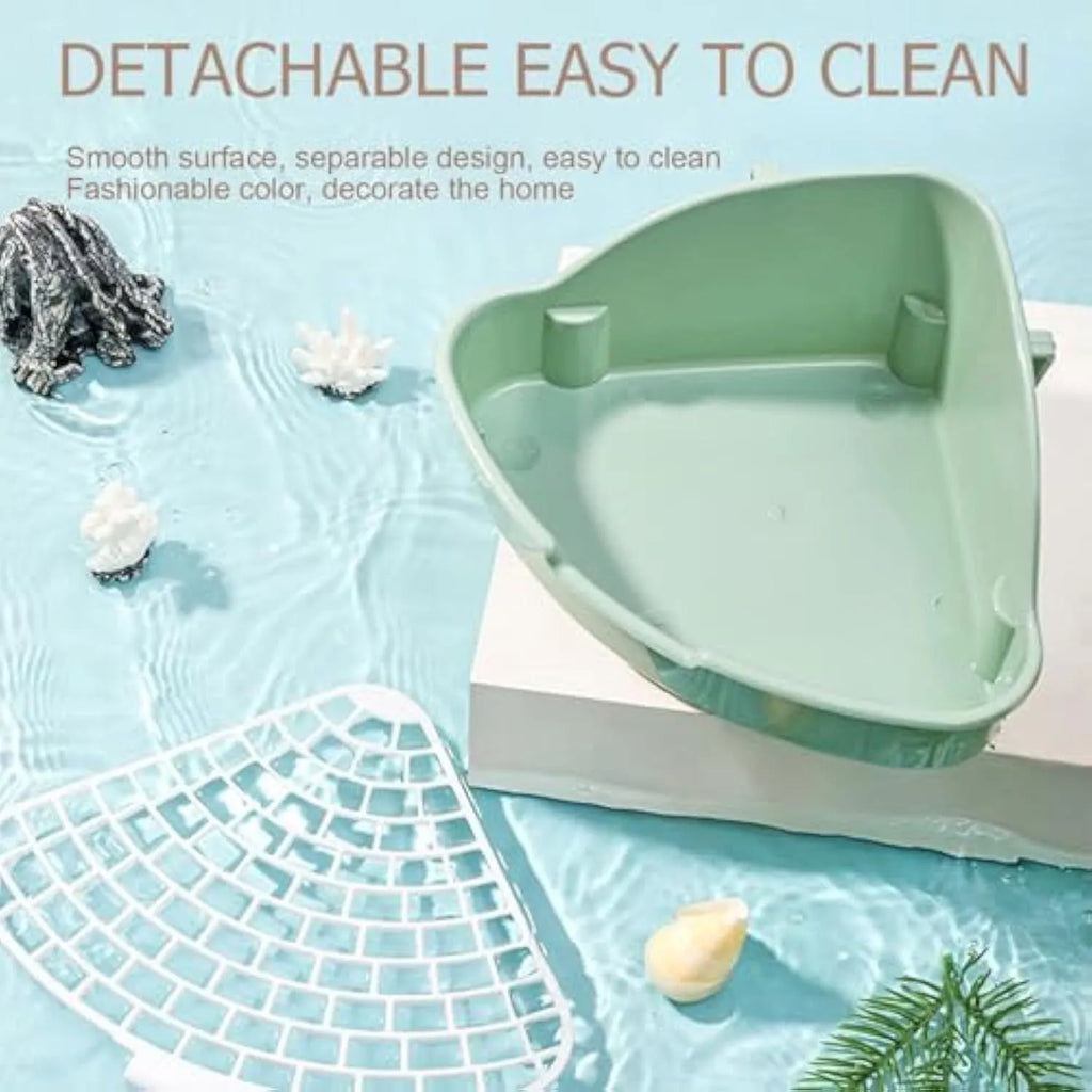 Triangle plastic rabbit litter box in blue with low front entry for small pets