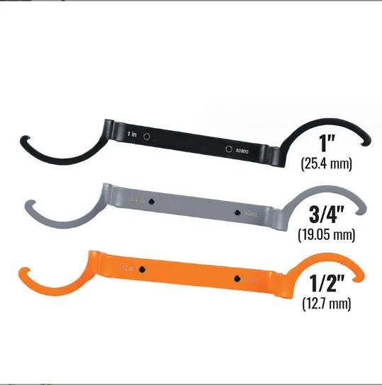 Crescent magnetic suction, locking, and catheter wrenches from the H251 three-piece set in orange, grey, and black.