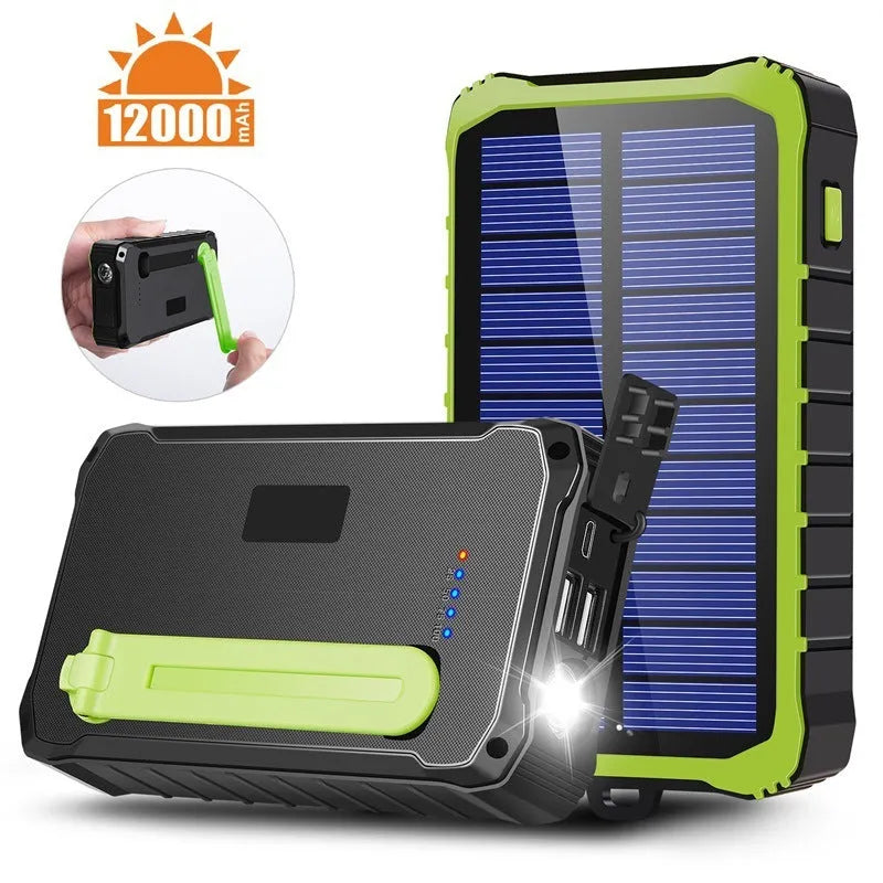 Green or orange hand crank solar power bank with LED light showing USB ports and solar panel.