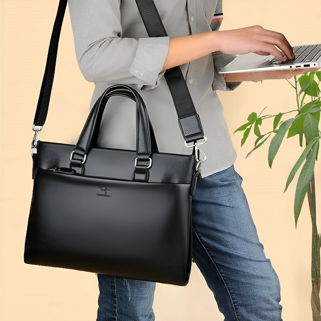 Men's black PU leather business messenger bag with splicing details measuring 35x30x4cm