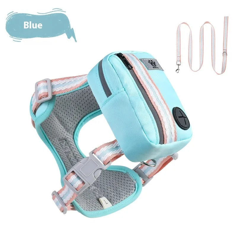 Explosion-proof anti-strangulation dog harness in Oxford cloth with a free 1.5m lead, shown in pink.