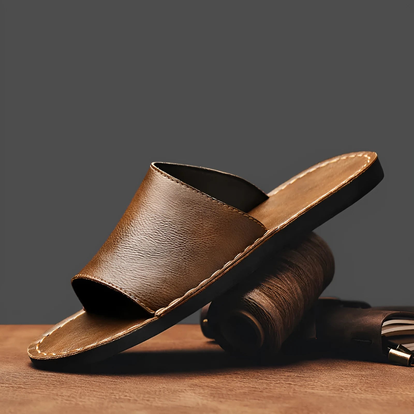 Men's brown and black leather sandals with a rubber sole, shown on a size guide from UK 38 to 48.
