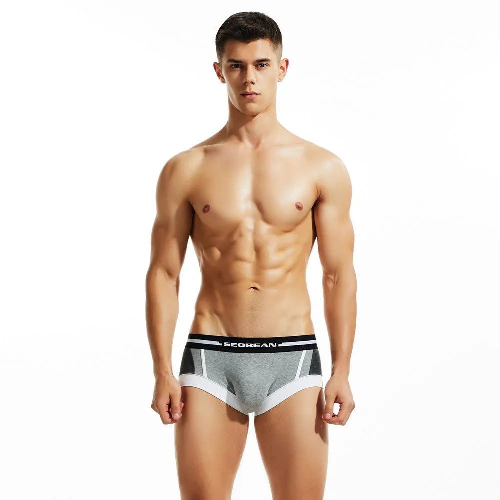 Men's cotton boxer shorts in red, dark blue, and light grey colours on a size chart showing M, L, XL, XXL.