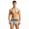 Men's cotton boxer shorts in red, dark blue, and light grey colours on a size chart showing M, L, XL, XXL.