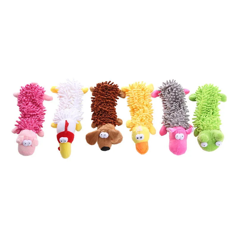 Plush microfibre dog toy with horse molar texture in various animal designs including brown dog and yellow duck