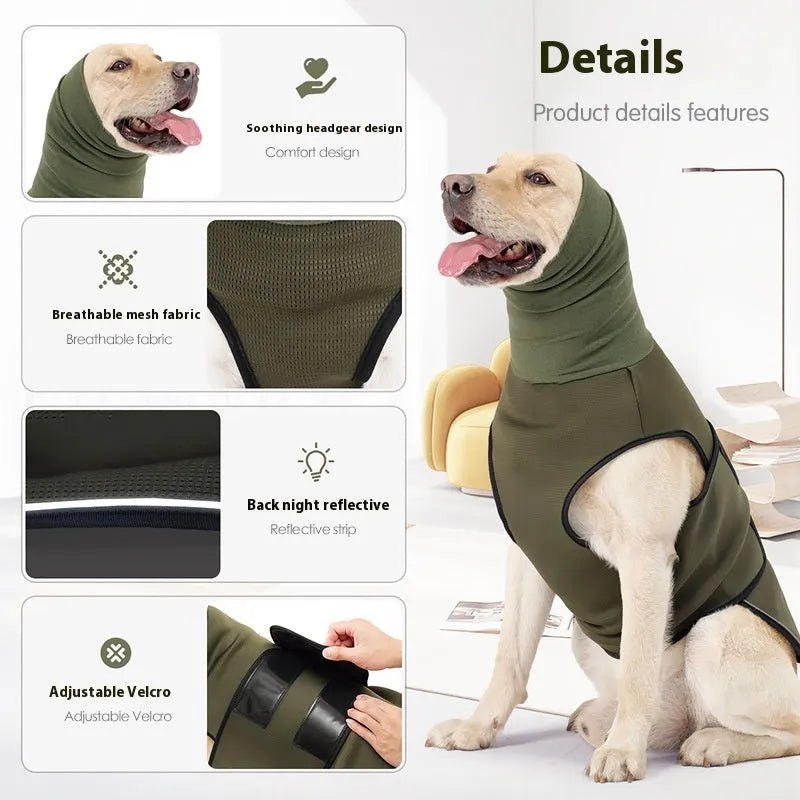 Polyester dog anxiety jacket in Army Green colour showing gentle pressure design for mood soothing