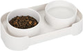 Green ceramic elevated cat bowls with tilted design on non-slip base for food and water