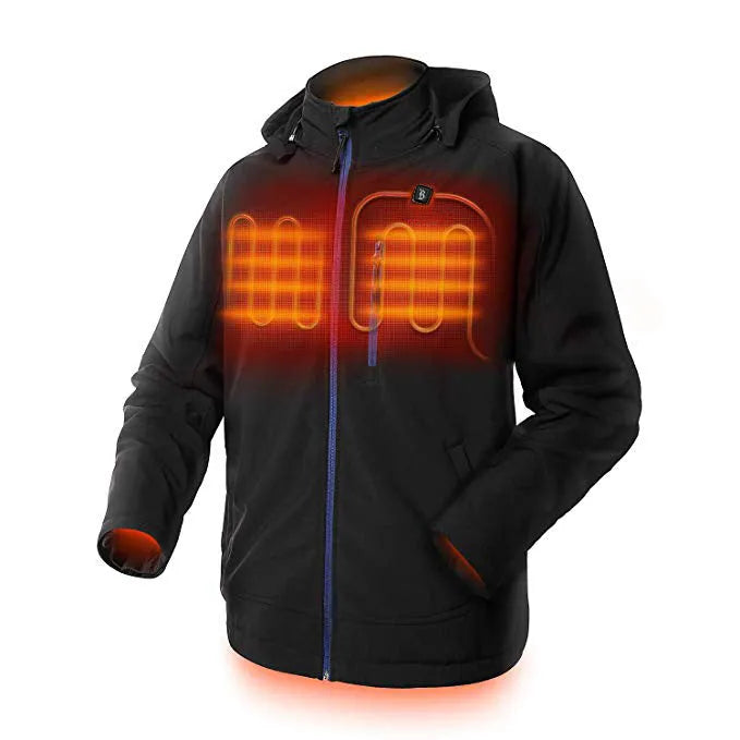 Black men's USB heated waterproof windproof winter coat with zipper pockets and long sleeves