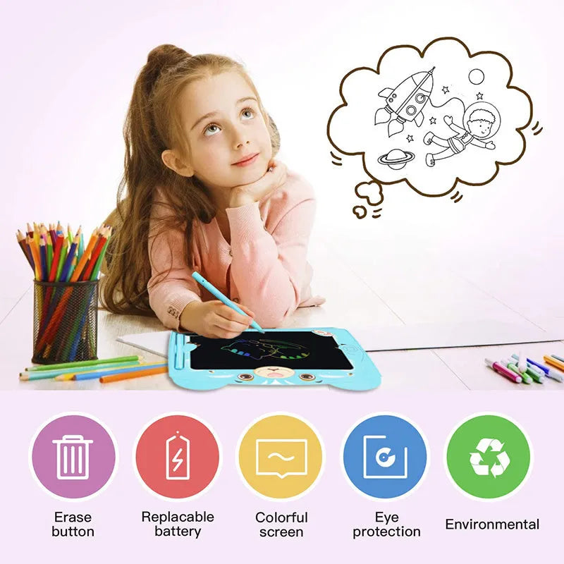 Cartoon children's LCD handwriting drawing board in sky blue, showing a doodle on the 230mm screen with stylus