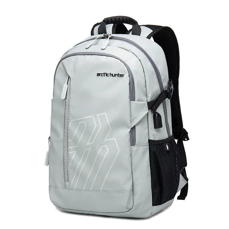 Blue plaid polyester casual backpack with curved shoulder strap, shown from the side.