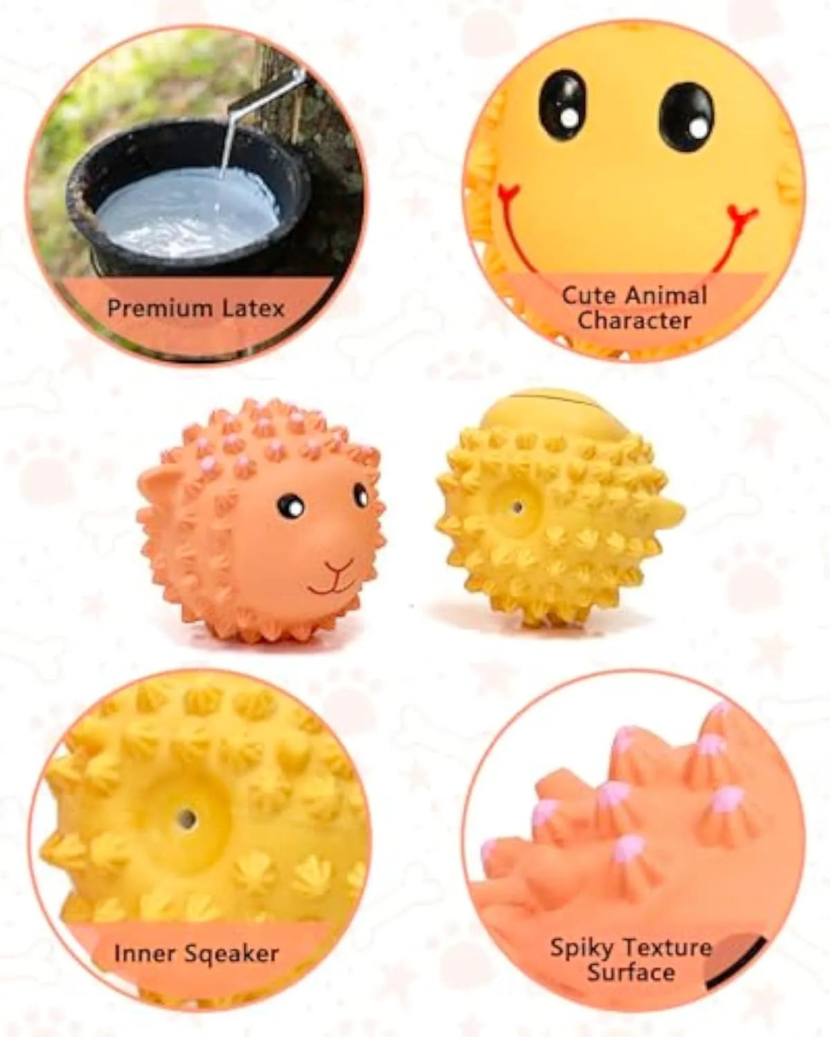 Orange and yellow spiky latex dog toy with animal design for small medium breed teeth cleaning
