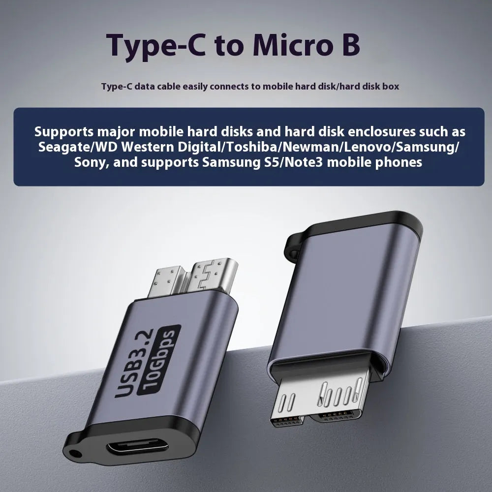 Micro USB B adapter converter showing Type-C and USB-A to Micro B male plug connections for charging and data transfer.