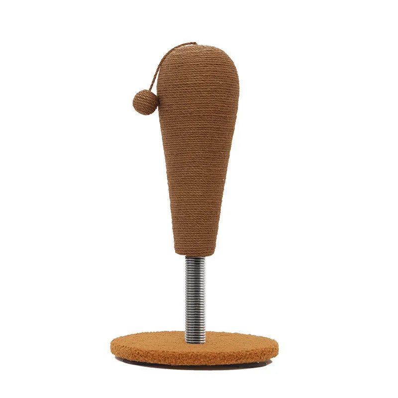 Natural hemp rope cat scratch board shown in large and small sizes with optional cat grasping ball and tumbler toys.
