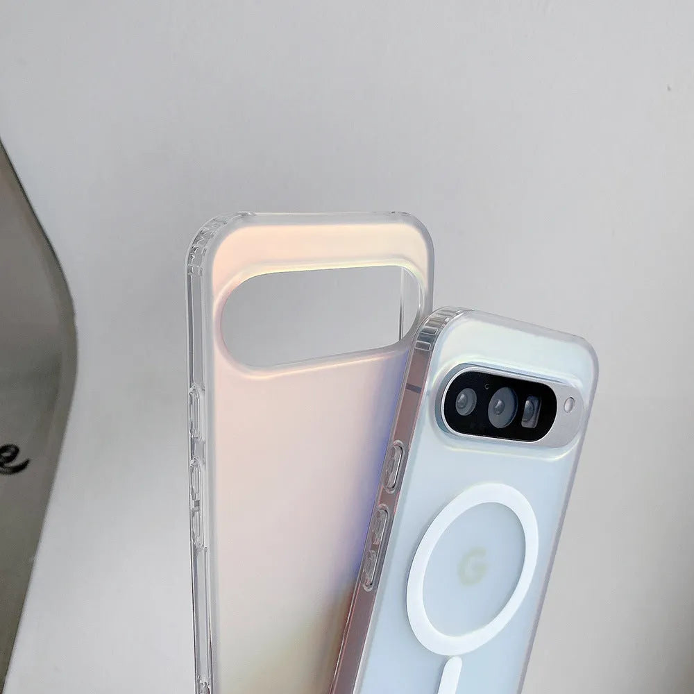 Transparent laser frosted matte phone case for Google smartphones on a flat surface.