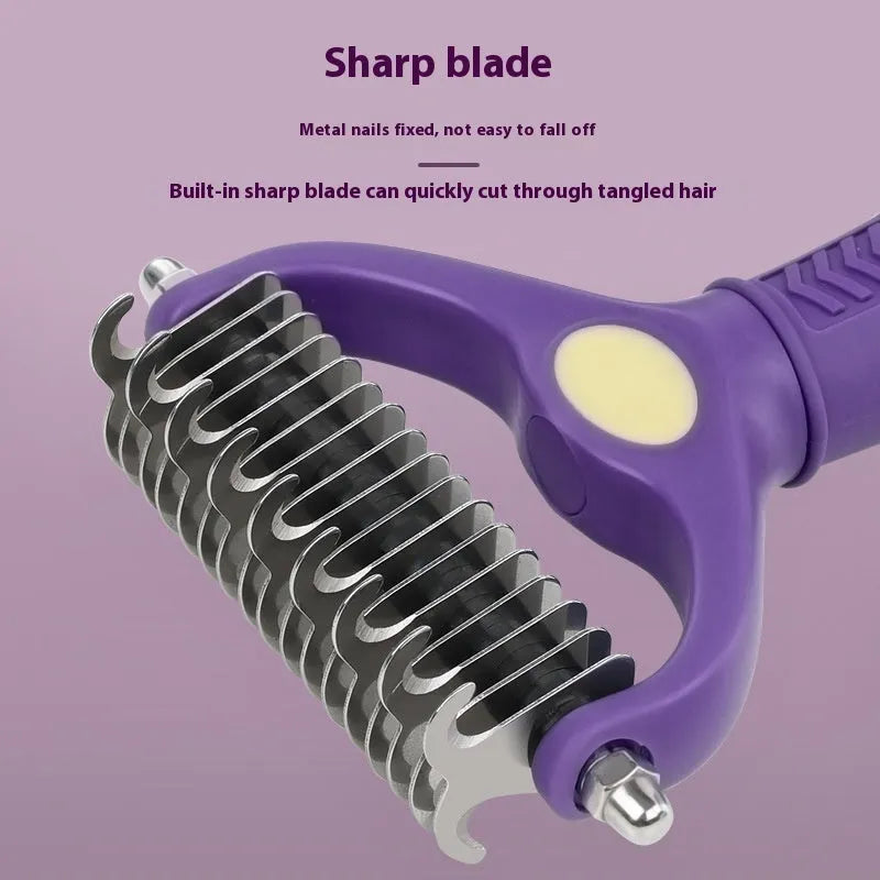 Purple double-sided plastic pet comb for detangling dog and cat fur knots