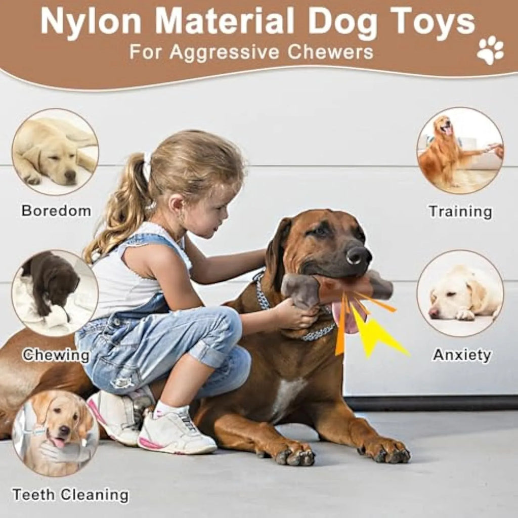 Heavy nylon dog chew toy in bone and branch shapes for large breed aggressive chewers.