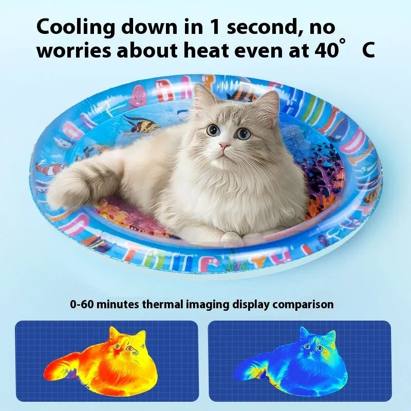 Inflatable PVC pet cooling water bed in aquatic designs, shown in 100cm and 65cm sizes.