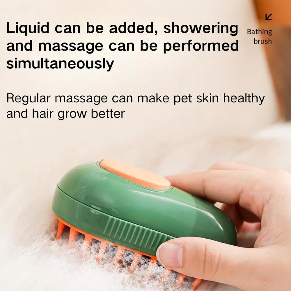 Green and white cat steam brush with silicone bristles showing water tank and compact 11cm design