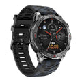 Black sports smartwatch with AMOLED screen on a silicone strap, showing fitness stats.